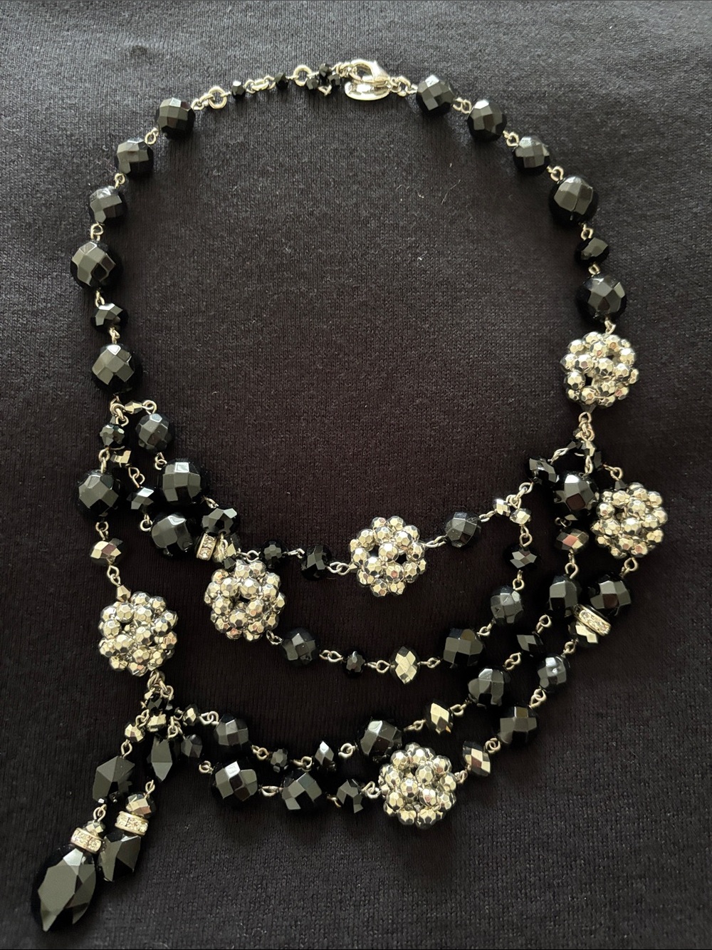White House Black Market Black and Silver Crystal Cluster Multi-Strand Necklace